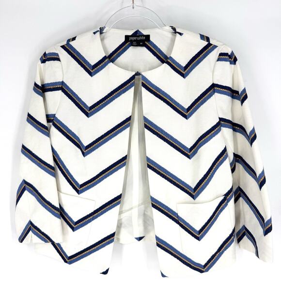 Paperwhite Chevron Open Jacket White Blue Gold Size 4 - Picture 3 of 10